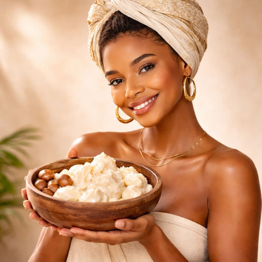Femme tenant un bol de beurre de karité naturel.