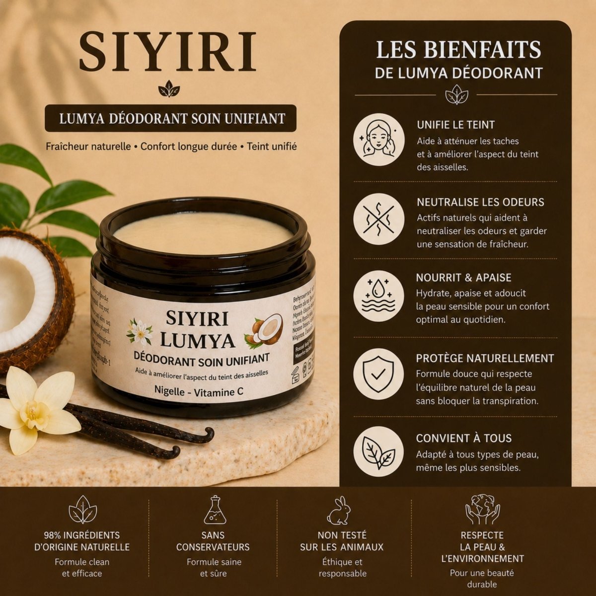 Déodorant Naturel LUMYA – Anti - odeur & Soin Unifiant Aisselles | Nigelle & Vitamine C - SIYIRI